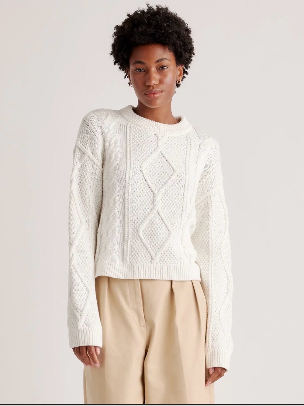 Quince White Cable Knit Crewneck Sweater